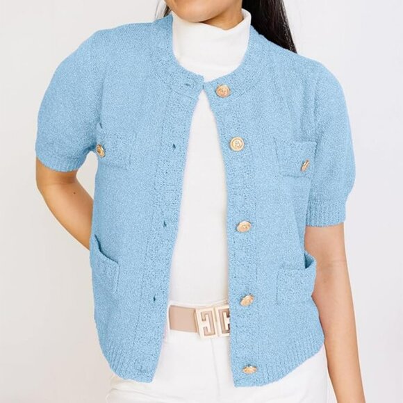Button Down Cropped Cardigan Sweaters Crewneck Short Sleeve Knit Open Front - Picture 1 of 4